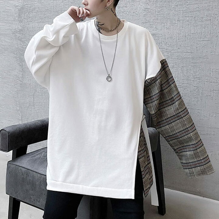 楽天市場 モード系 ロングtシャツ ロンt メンズ ロング丈 ストライプ 縦縞 切替 バイカラー ベルト ロングカットソー ストリート系 ファッション オーバーサイズカットソー インポート 個性的 V系 ヴィジュアル系 ファッション 韓国 トップス 衣装 春 秋服 冬服