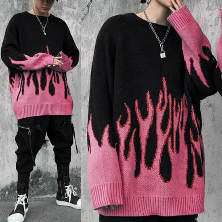 楽天市場 セーター メンズ ストリート系 ファッション ニットソー ファイヤーパターン ファイア ロングtシャツ メンズ オーバーサイズカットソー ロンt インポート 個性的 V系 ヴィジュアル系 ストリート系 ビター系 韓国 トップス 衣装 送料無料 秋 冬 新作 ブラック 黒