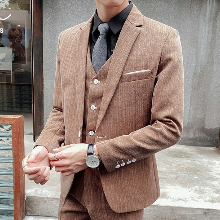 楽天市場 スーツ メンズ スリム スリーピース スーツ メンズ ベージュスーツ 送料無料 インポート セットアップ 上下セット 細身 結婚式 ムラ柄 テーラードジャケット 秋冬 新作 個性的 お兄系 V系 ヴィジュアル系 ファッション ホスト ホストスーツ 衣装 結婚式 二次会