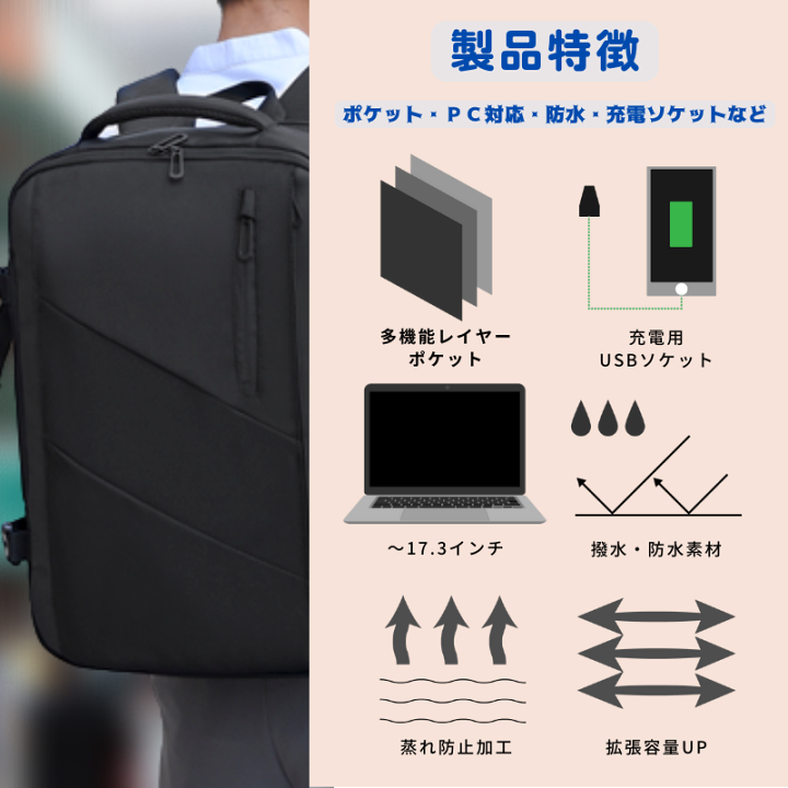 \楽天マラソンP10倍/ ビジネス リュック メンズ バックパック 大容量 拡張 リュックサック ビジネスリュック 防水 15.6インチ PC ビジネス リュック ラップトップ バッグ 軽量 アウトドア 旅行 男女兼用 学生 通学 通勤 出張 撥水 USB 修学 送料無料 ... アネロNo.538