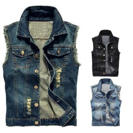 チョッキ お兄系デニムジャケット Gジャン メンズデニムベスト メンズデニムベスト ライダースデニムアウター ダメージ加工 ノースリーブ