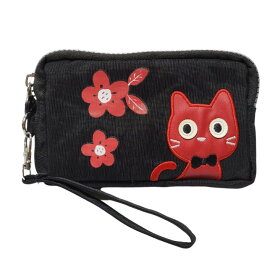 MERRIMENT メリーメント 猫ポーチ 3連ファスナー 3層 大容量 スマホ収納 化粧ポーチ 小物入れ 取り外しストラップ 花柄 6色 かわいい 黒猫 レディース キッズ 猫グッズ プレゼント 誕生日 母の日 ネコ柄 猫の日