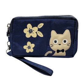 MERRIMENT メリーメント 猫ポーチ 3連ファスナー 3層 大容量 スマホ収納 化粧ポーチ 小物入れ 取り外しストラップ 花柄 6色 かわいい 黒猫 レディース キッズ 猫グッズ プレゼント 誕生日 母の日 ネコ柄 猫の日