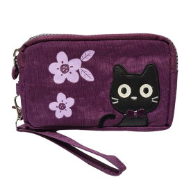 MERRIMENT メリーメント 猫ポーチ 3連ファスナー 3層 大容量 スマホ収納 化粧ポーチ 小物入れ 取り外しストラップ 花柄 6色 かわいい 黒猫 レディース キッズ 猫グッズ プレゼント 誕生日 母の日 ネコ柄 猫の日
