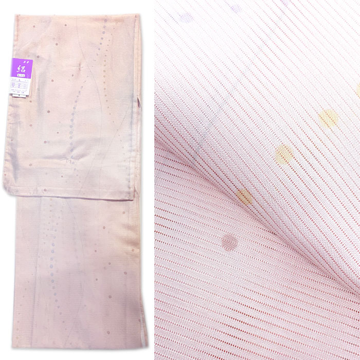 長期在庫品 小紋 絽 着物 Ｌ きもの 薄桜色 薄ピンク 水玉 よろけ