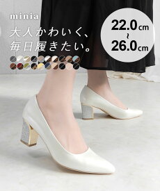 ゴールドヒールポインテッドパンプス 6.5cmヒール minia alala ◇ パンプス チャンキーヒール 太ヒール ヒール スエード ポインテッドトゥ レディース シューズ 痛くない 靴 仕事 通勤 結婚式 入学式