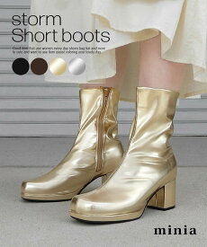 【 楽天イーグルス感謝祭 SALE!! 】送料無料 ショートブーツ ブーツ シルバー ゴールド minia ストレッチブーツ チャンキーヒール 太ヒール レディース やわらかい 痛くない ブーツ 歩きやすい 疲れない ストーム付きショートブーツ