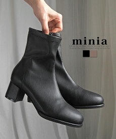 【 楽天イーグルス感謝祭 SALE!! 】送料無料 ブーツ ショートブーツ レディース 美脚 ストレッチ 太ヒール 5cmヒール 歩きやすい 黒 ベージュ minia ミニア ◆ 足首ほっそり見え ラウンドストレッチショートブーツ