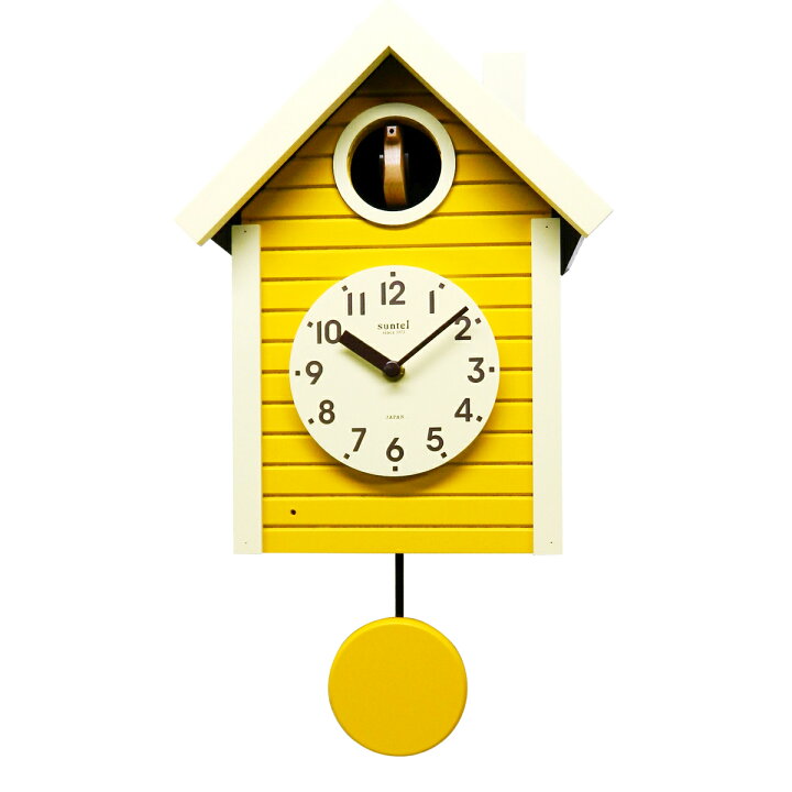 楽天市場 楽天ランキング受賞 送料無料 あす楽 父の日 鳩時計 ハト時計 掛け時計 柱時計 北欧 さんてる おしゃれ レトロ イエロー 日本製 木製 振り子 カッコー ナイトセンサー 安心の国内製造メーカーさんてる