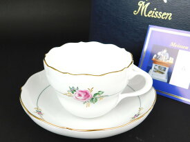 【中古】正規品 Meissen マイセン 陶磁器 ベーシックフラワー ピンクローズ ティーカップ＆ソーサー 1客 金縁【送料無料】