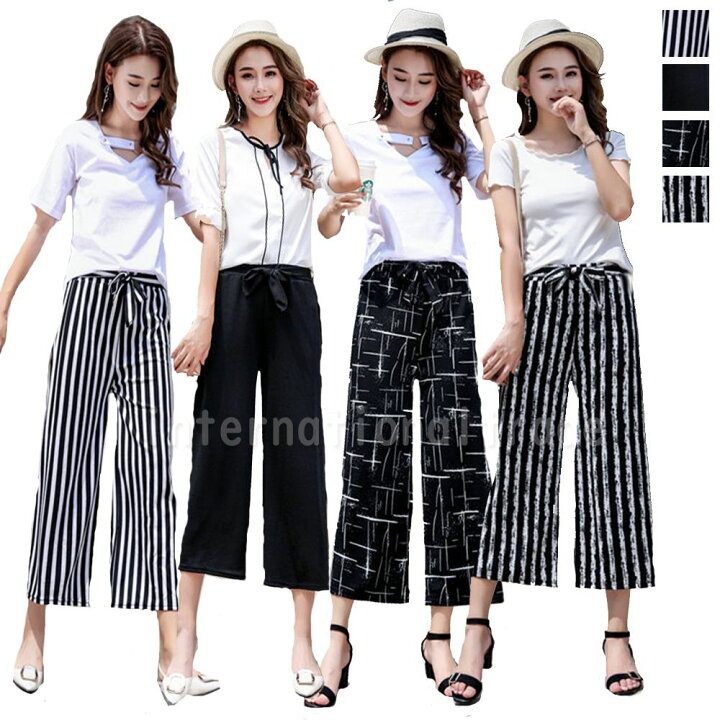 楽天市場 予約 レディースパンツ 九分丈ガウチョパンツ ワイドパンツ 体型カバー 春 夏 女性 ブラック ストライプ チェック 柄 黒 9分丈 着痩せ 着やせ オフィス カジュアル 代 30代 40代 50代 M L 安い 大人 オトナ Flopsy Mart
