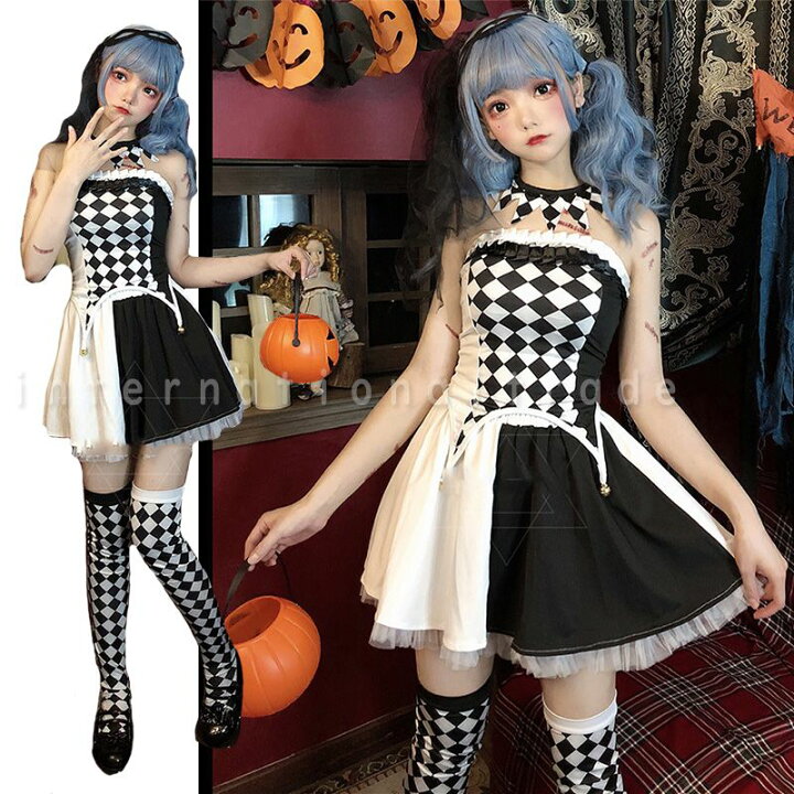 楽天市場 予約 コスプレ衣装 ピエロ風 モノトーン衣装 ハロウィン コスチューム 魔女 大人 ピエロ衣装 小悪魔 白黒 おしゃれ コスプレ衣装 レディース 学園祭 文化祭 イベント パーティー 余興 お祭り Flopsy Mart