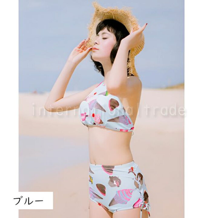 楽天市場 今だけ値下げ 水着 レディース ビキニ 女性用 アイスクリーム柄 スイーツ柄 原宿系 青文字系 夏 ピンク 水色 アイス柄 ゆめかわ ゆめかわいい ショートパンツ ハイネック 入ウエスト レトロ ソフトクリーム パステルカラー 可愛い セパレート M L Xl Ss 夏s