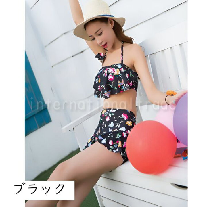 楽天市場】レディース水着 花柄 ビキニ 3点セット フリル トップス  