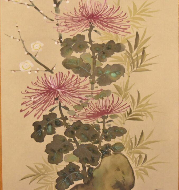 楽天市場】【送料無料】秀月 梅蘭竹菊 四君子手巻き画絵巻 画軸 絹本  