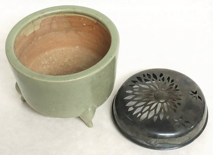 楽天市場】【送料無料】古青磁大香炉純銀火屋付約174g 修復あり茶道 