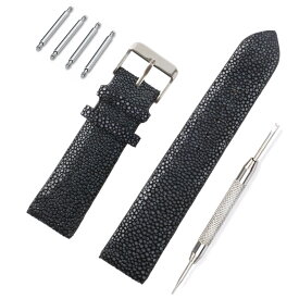 Revetta エイ革 ガルーシャ スティングレイ 腕時計 バンド ベルト ブラック 黒 18mm 19mm 20mm 21mm 22mm 23mm 24mm バネ棒・交換工具付き [089-1stb18-24]