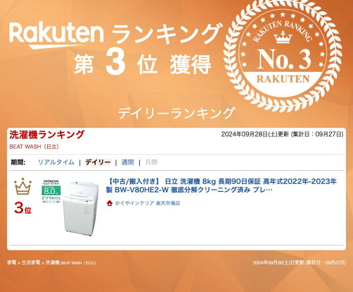 楽天市場】【中古/搬入付き】 日立 洗濯機 8kg 長期90日保証 高年式 