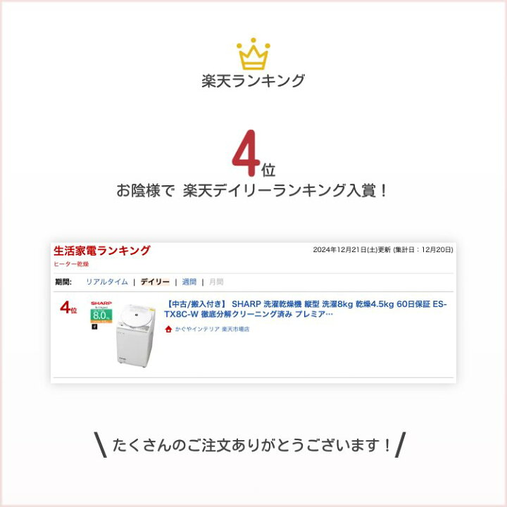 楽天市場】【中古/搬入付き】 SHARP 洗濯乾燥機 縦型 洗濯8kg 乾燥4.5 