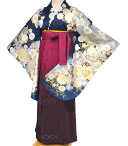 卒業式 袴セット 袴 小学校 小学生 ジュニア 女の子 大学生 レディース 女性 二尺袖 着物 袴 セット From KYOTO フロムキョウト ブランド 絵羽柄 紺3 販売 購入
