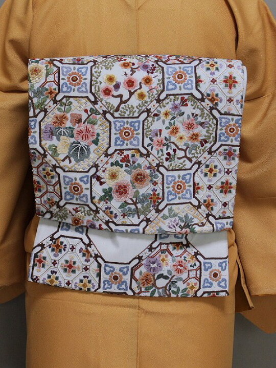 楽天市場】さがら刺繍の丸帯 淡いグレー色 袋帯 相良刺繍の帯 