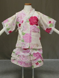 白レース付き女の子用甚平（じんべい）　花柄にレースが付いた浴衣ドレス　100サイズの甚平　Z6242-10