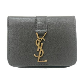 イヴサンローラン Yves Saint Laurent ラージジップウォレット ラウンドファスナー YSLカサンドラ 二つ折り財布 グレー系【中古】【新品同様】【美品】