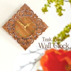 アジアン 壁掛け時計 《幅:35cm》-フラワー 3輪- チークウッド 木製 木 木目 自然素材 手彫り 彫刻 インテリア時計 掛け時計 アナログ時計 ゴールド 日本製 おしゃれ かわいい きれい ナチュ