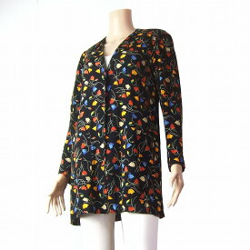 美品【中古】ソニアリキエル SONIA RYKIEL フランス製 黒 美彩花柄 さらり薄手ロングジャケット 40号/11号 秋冬 レディース アウター