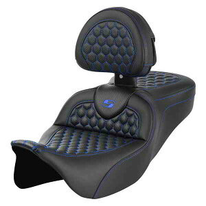  njJ [h\t@? V[g Th} RoadSofa? Seat - Honeycomb - Blue Stitch - with Backrest - FLH/FLT '08-'23 808-07B-189B1 DRAG 08011644