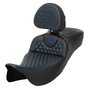  njJ [h\t@? V[g Th} RoadSofa? Seat - Honeycomb - Blue Stitch - with Backrest - Extended Reach - FLH/FLT '08-'24 808-07B-190B1 DRAG 08011652