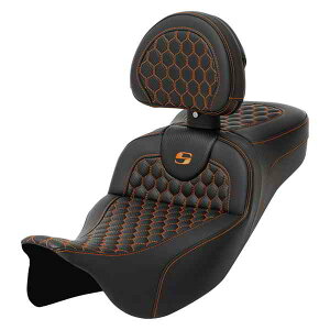  njJ [h\t@? V[g Th} RoadSofa? Seat - Honeycomb - Orange Stitch - with Backrest - Extended Reach - FLH/FLT '08-'24 808-07B-190B3 DRAG 08011653