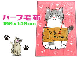 ハーフ毛布100x140cm　ハーフケットねこ ネコ 猫 ジュニアキャラクター　子供ケットピンク　お昼寝反省しにゃいLC580