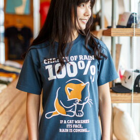 猫 ねこ おもしろ かわいい Tシャツ RAIN 100% ( デニム ) | ネコ 猫柄 猫雑貨 | メンズ レディース 半袖 | おしゃれ ペアルック プレゼント | 大きいサイズ 【メール便】 SCOPY / スコーピー