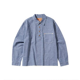 エフオービーファクトリー 長袖 シャンブレー プルオーバーワークシャツ ブルー "FOB FACTORY F3487 CHAMBRAY P/O SHIRT BLUE" MADE IN JAPAN 日本製 トップス 男性 20代 30代 40代 50代 60代 70代 80代