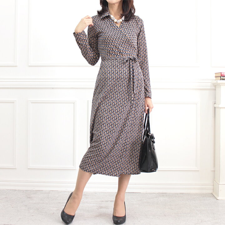 楽天市場 マキアート カシュクールワンピース マキシ丈 厚手ジャージー素材 青ブルー 幾何学柄 ウエストリボン 切り替え 30代40代50代 オフィス 通勤 大人上品エレガント キレイめ シンプル お食事パーティ 春夏秋冬 大人可愛い 春夏コーデ Eb01s01blue おまかせ送料