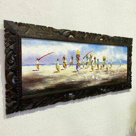 【 ポイントUP 限定saleクーポン 】 バリ絵画 風景画 浜辺 フレーム付 W140×H60cm 大型 バリアート 青 アートパネル 額付き 壁飾り 壁掛け 木彫りフレーム バリ アジアン 雑貨 インテリア バリ風 おしゃれ パネルアート 開運 風水 玄関