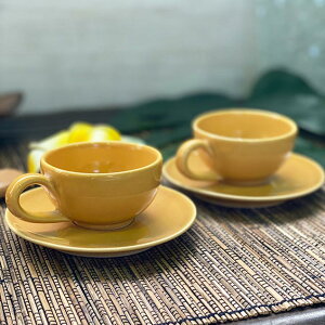 【ポイントUP アジアン バリ】 ジェンガラ コーヒーカップ ペア セット カップ&ソーサー 2客セット 2色 イエロー ブルー ジェンガラケラミック ブランド エスプレッソ ティー カップ 陶器 キ
