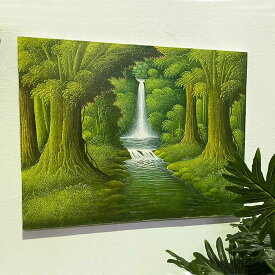 森の絵 滝の絵 森の滝 フレームなし W90×H70cm 緑 グリーン バリ絵画 アートパネル 大きい 風景画 癒し バリアート インテリア アジアン バリ雑貨 ウォールデコレーション 自然 バリ島 水辺 開運 風水