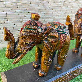 象の置物 ゾウのオブジェ 2連 木彫りの象 W40cm 木製 オブジェ 金 白 象 ぞう 動物 オシャレ バリ島 インドネシア アジアン雑貨 開運 南国