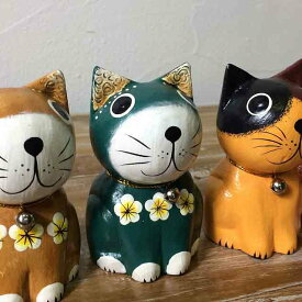 木彫り お座りバリネコ 鈴付 5色 オブジェ ネコの置き物 猫 ねこ 置物 木製 かわいい 猫雑貨 アニマル アジアン雑貨 バリ雑貨 木彫りインテリア バリ島 猫好き グッズ 雑貨 誕生日 プレゼント 女性 男性 プチギフト
