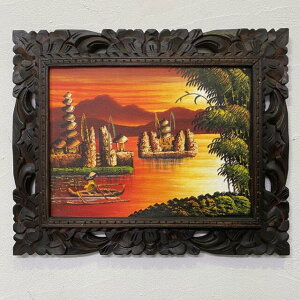 【インテリア雑貨 おしゃれ バリ風】 バリの絵 風景画 額入り ウルン・ダヌ・ブラタン寺院 サンセット 額付き W53×H43 オレンジ 絵画 ペインティング アートパネル ウォールデコ バリ島 壁掛