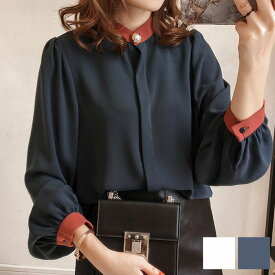 【半額クーポン対象】シフォンブラウス シフォン スタンドカラー パフスリーブ シャツ ブラウス パールボタン バイカラー 長袖 トップス レディース【lestp302-187】【予約販売：15-20日】