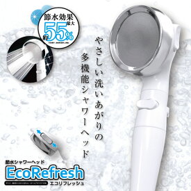 シャワーヘッド 節水 エコリフレッシュ 3段階 水流モード 切り替え 極細水流 ECO 手元止水機能 水流 最大55% 節水シャワー 取付簡単 4種類アダプター付 ミストシャワー ヘアケア 頭皮 毛穴 汚れ うるおい 保温 保湿 美顔 美肌 美髪 敏感肌 美容