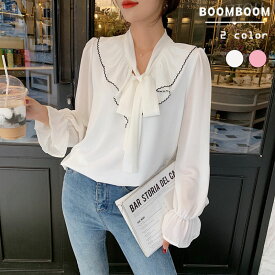 【延長セール】ブラウス ロング丈 レディース　長袖 おしゃれ　春秋　無地　20代　30代　40代　白　シースルー トップス FREE リボン 韓国ファッション　韓国スタイル　韓国女性服 ホワイト ライトピンク きれいめ