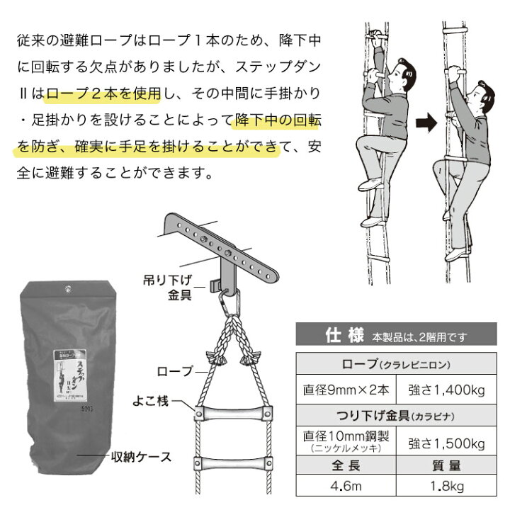 楽天市場】避難ロープ 2階用 ステップダン2 自在フック式 5013 
