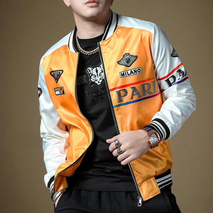 楽天市場 ブルゾン メンズ オラオラ系 スタジャン バイカラー エンブレム ロゴ 英字 ラインストーン 悪羅悪羅系 メンズ オラオラ系 アウター メンズ ストリート系 お兄系 ヤンキー チンピラ マイルドヤンキー 送料無料 22 秋 冬 新作 ラグジュアリー オラオラ系