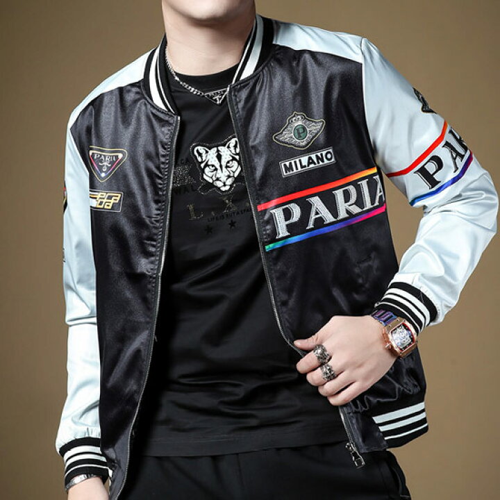 楽天市場 ブルゾン メンズ オラオラ系 スタジャン バイカラー エンブレム ロゴ 英字 ラインストーン 悪羅悪羅系 メンズ オラオラ系 アウター メンズ ストリート系 お兄系 ヤンキー チンピラ マイルドヤンキー 送料無料 22 秋 冬 新作 ラグジュアリー オラオラ系