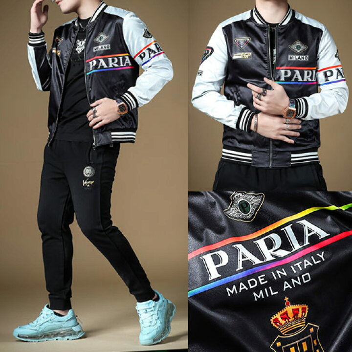 楽天市場 ブルゾン メンズ オラオラ系 スタジャン バイカラー エンブレム ロゴ 英字 ラインストーン 悪羅悪羅系 メンズ オラオラ系 アウター メンズ ストリート系 お兄系 ヤンキー チンピラ マイルドヤンキー 送料無料 22 秋 冬 新作 ラグジュアリー オラオラ系