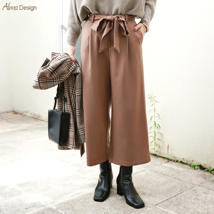 楽天市場 ワイドパンツ 春夏 レディース メール便b 送料無料 りぼん ベルト付き ベルト付きワイドパンツ ガウチョパンツ 秋 きれいめ クロップド パンツ 秋冬 ワイドパンツ ハイウエスト レディース ガウチョパンツ レディース 黒 スカーチョ スカンツ 大きいサイズ 秋色